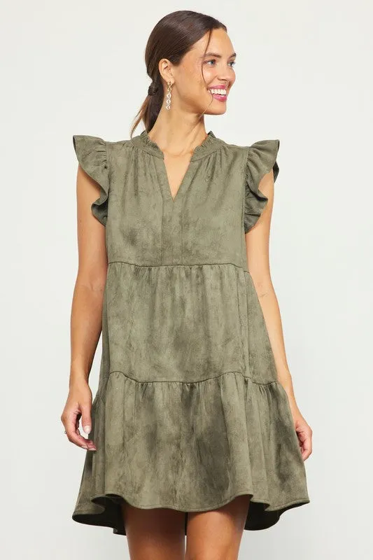 Faux Suede Tiered Mini Dress - Olive