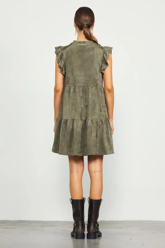 Faux Suede Tiered Mini Dress - Olive