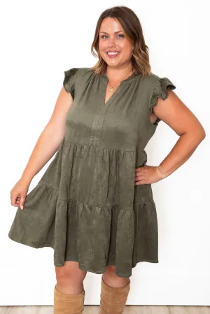 Faux Suede Tiered Mini Dress - Olive