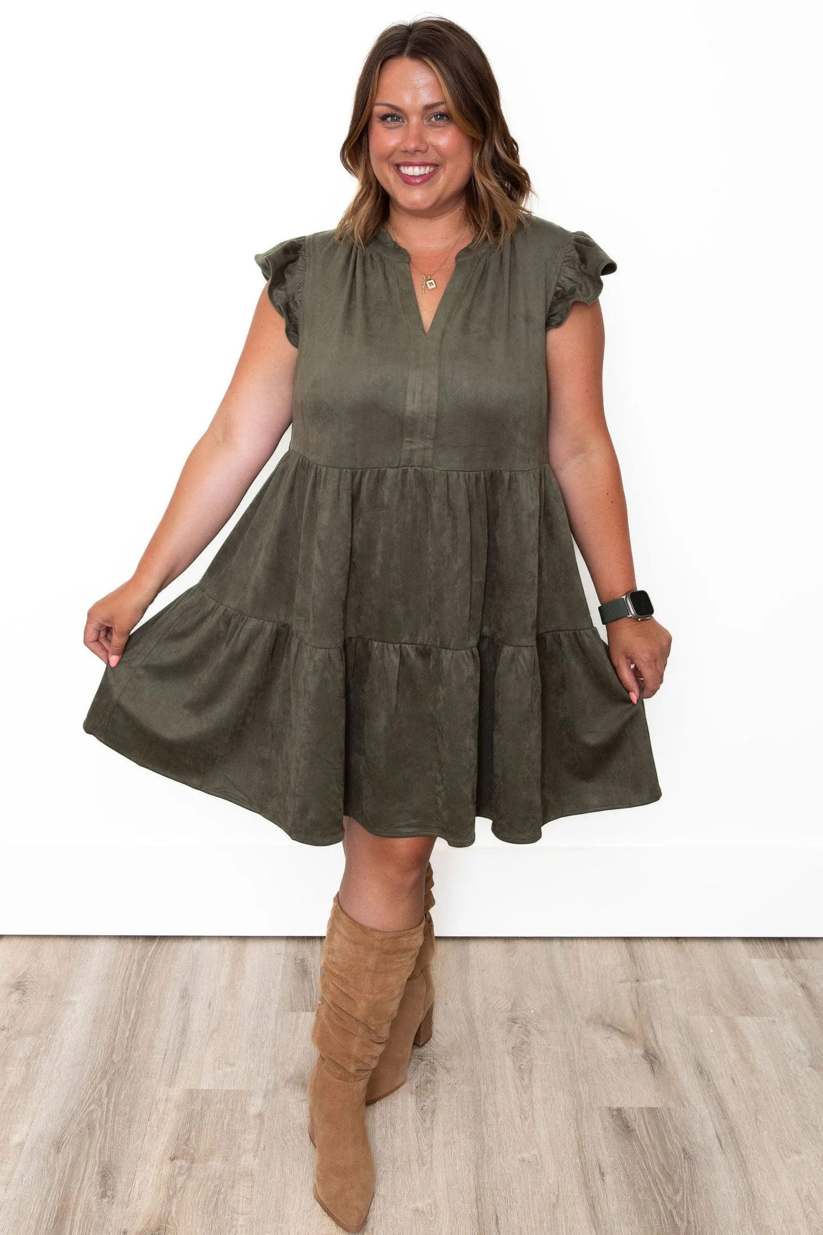 Faux Suede Tiered Mini Dress - Olive