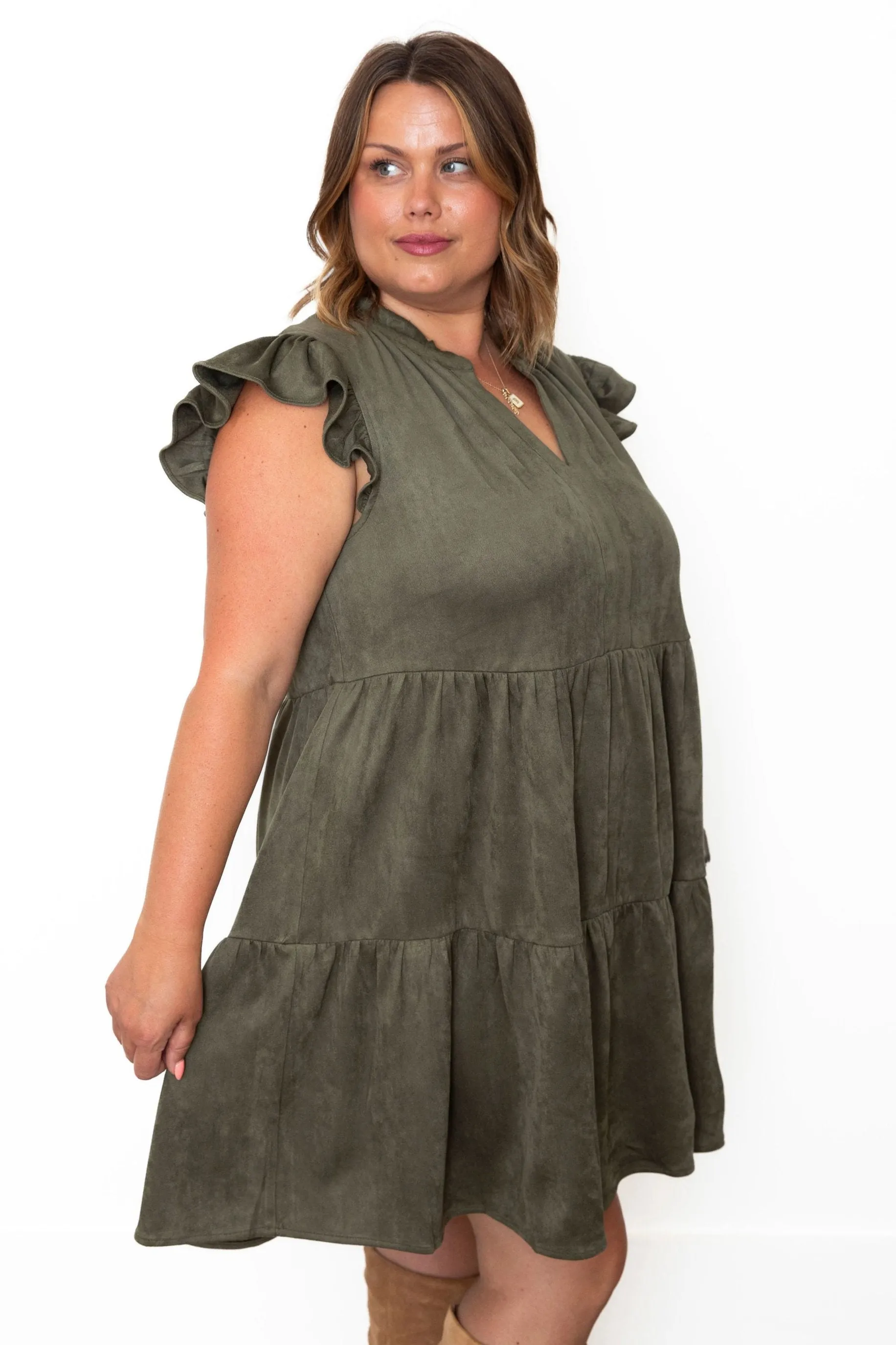 Faux Suede Tiered Mini Dress - Olive