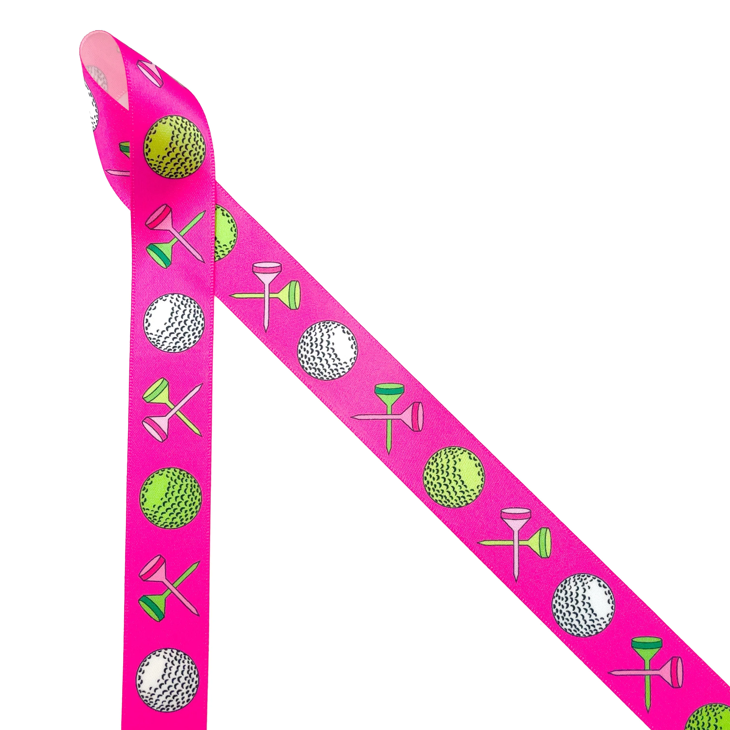 Golf ribbon Women's golf featuring golf balls and crossed tees on a hot pink background printed on 7/8" white grosgrain or white satin