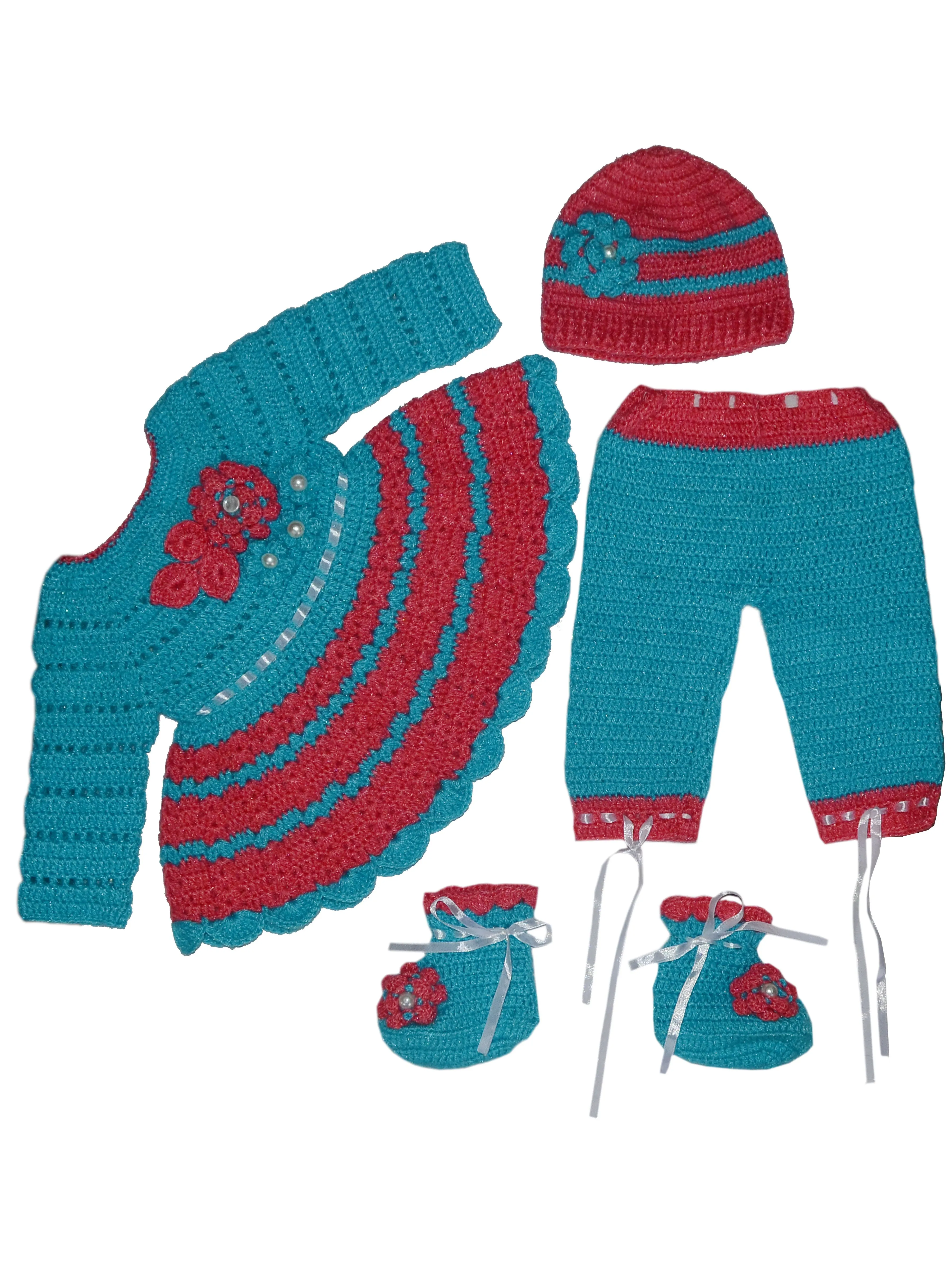 Graceful Handmade Design Round Neck Full Sleeve Frock Set With Pant, Booties & Cap For Baby- Cyan & Violet Red