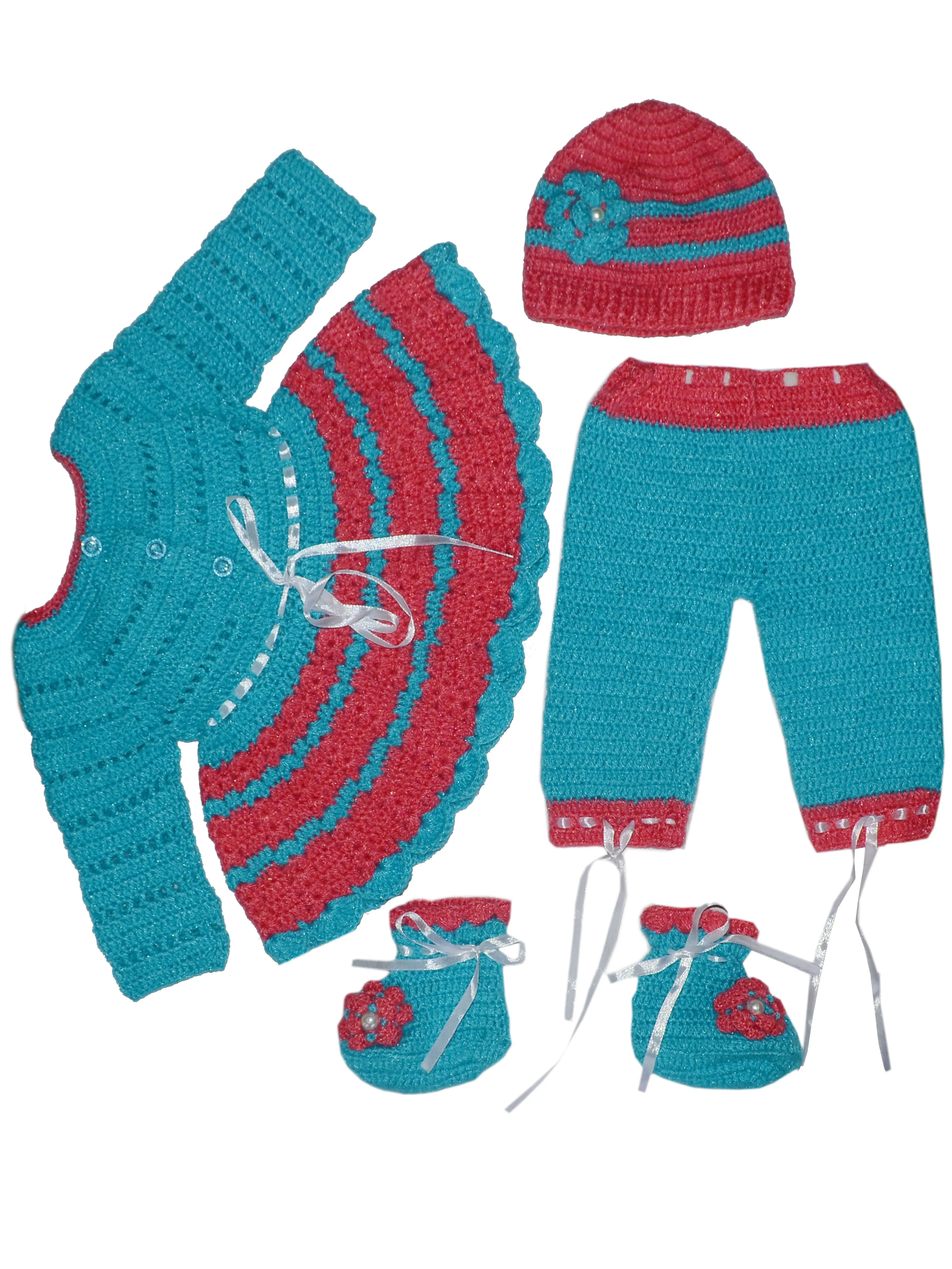 Graceful Handmade Design Round Neck Full Sleeve Frock Set With Pant, Booties & Cap For Baby- Cyan & Violet Red