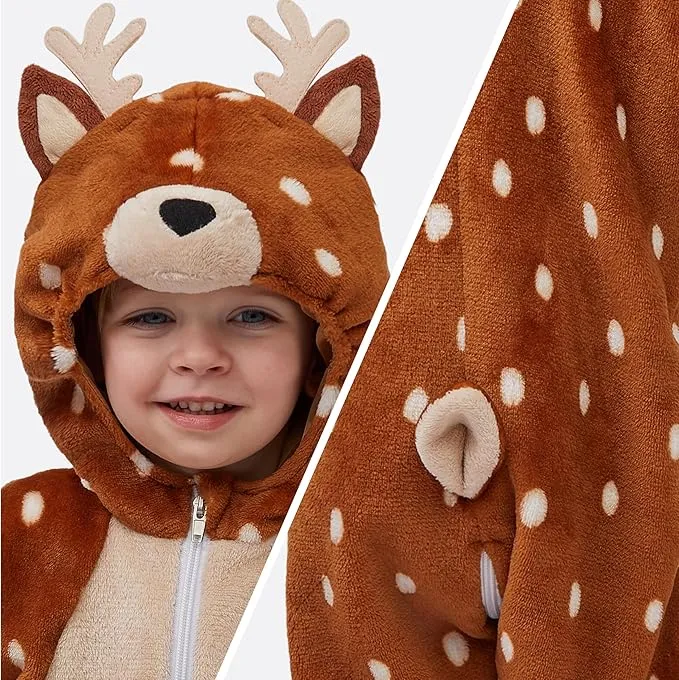 Halloween Baby Pajama, Reindeer Toddler Hooded Jumpsuit Sleepwear