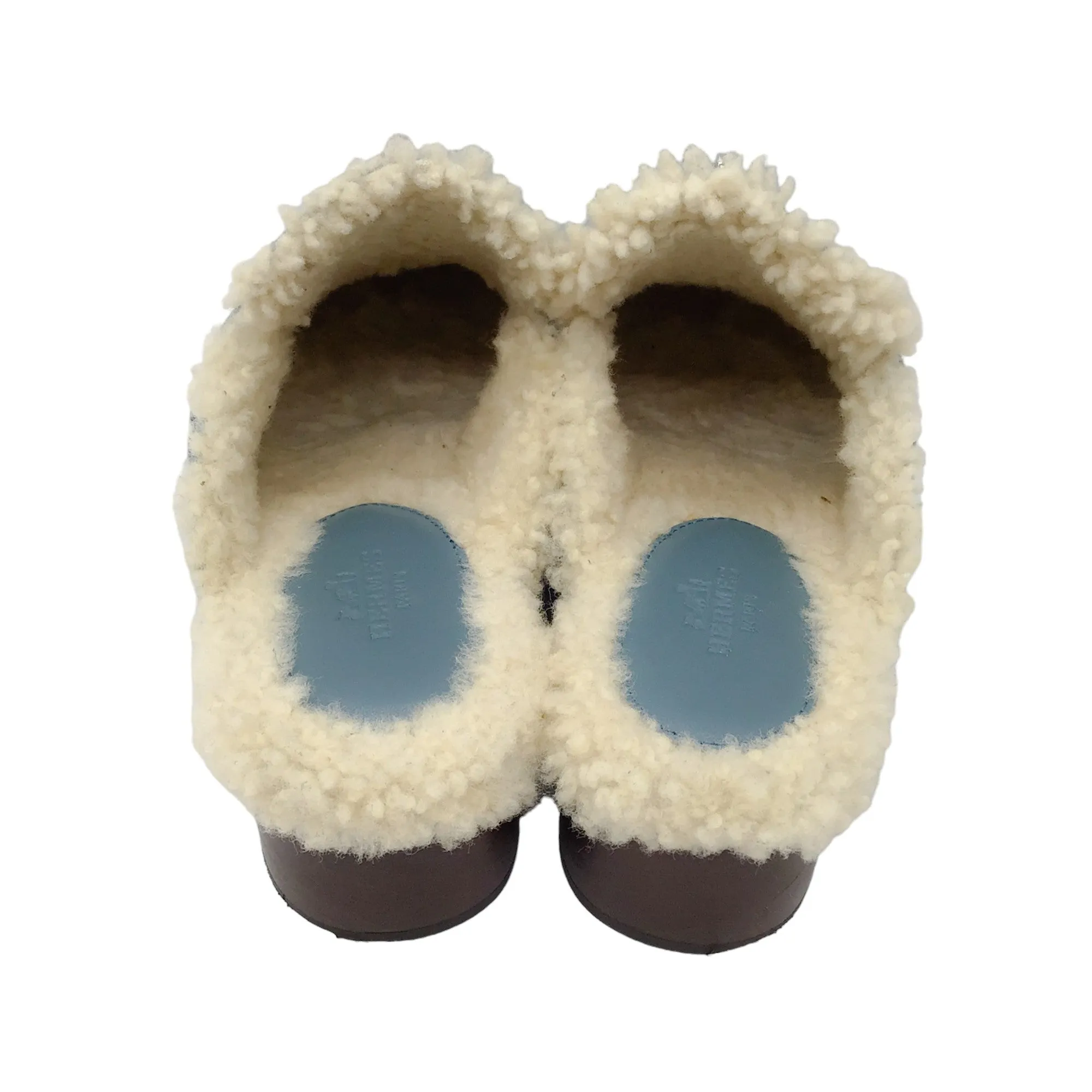 Hermes Light Blue Suede Goatskin Shearling Lined Carlotta Mules / Clogs