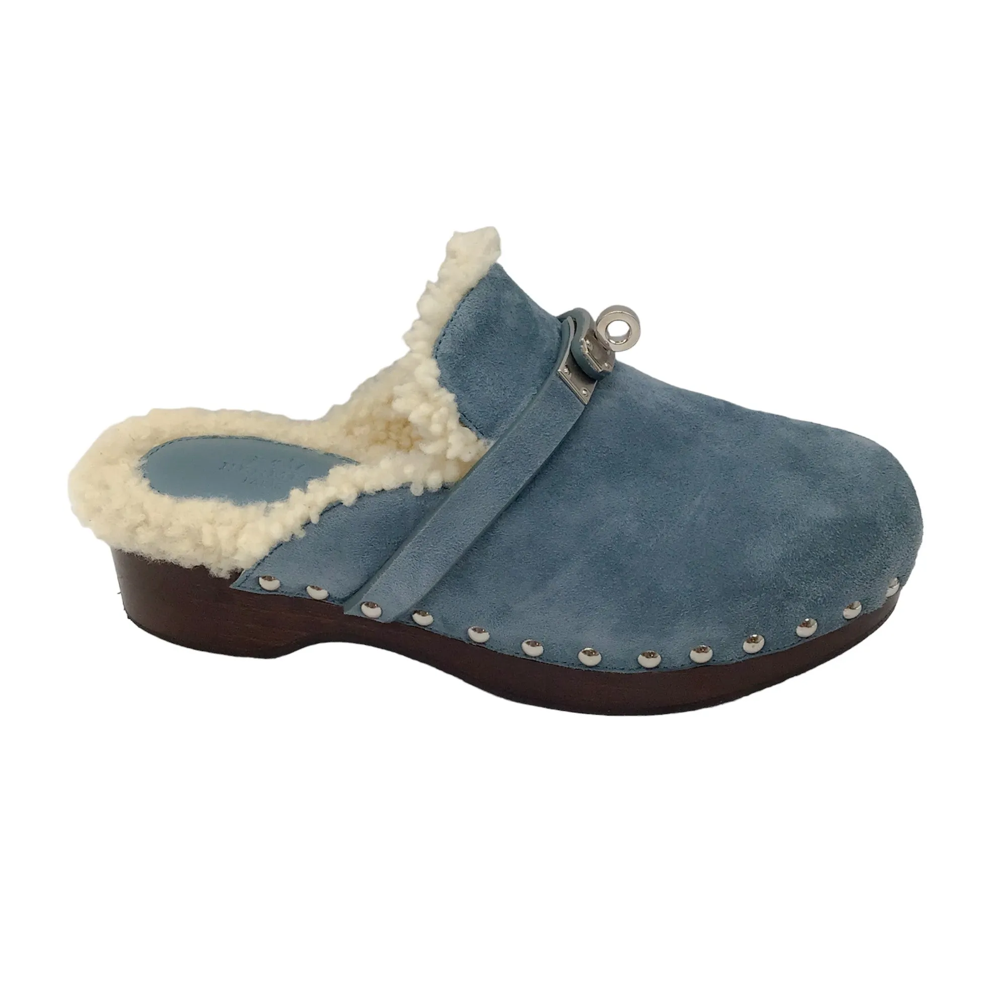 Hermes Light Blue Suede Goatskin Shearling Lined Carlotta Mules / Clogs