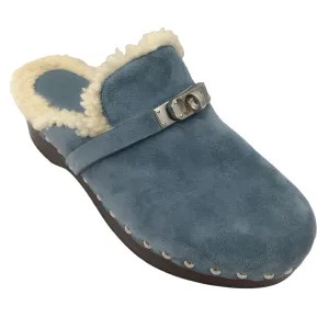 Hermes Light Blue Suede Goatskin Shearling Lined Carlotta Mules / Clogs