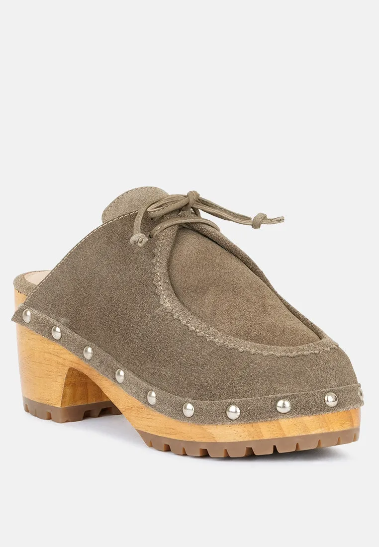 Iroko Suede Tie Detail Stud Clogs