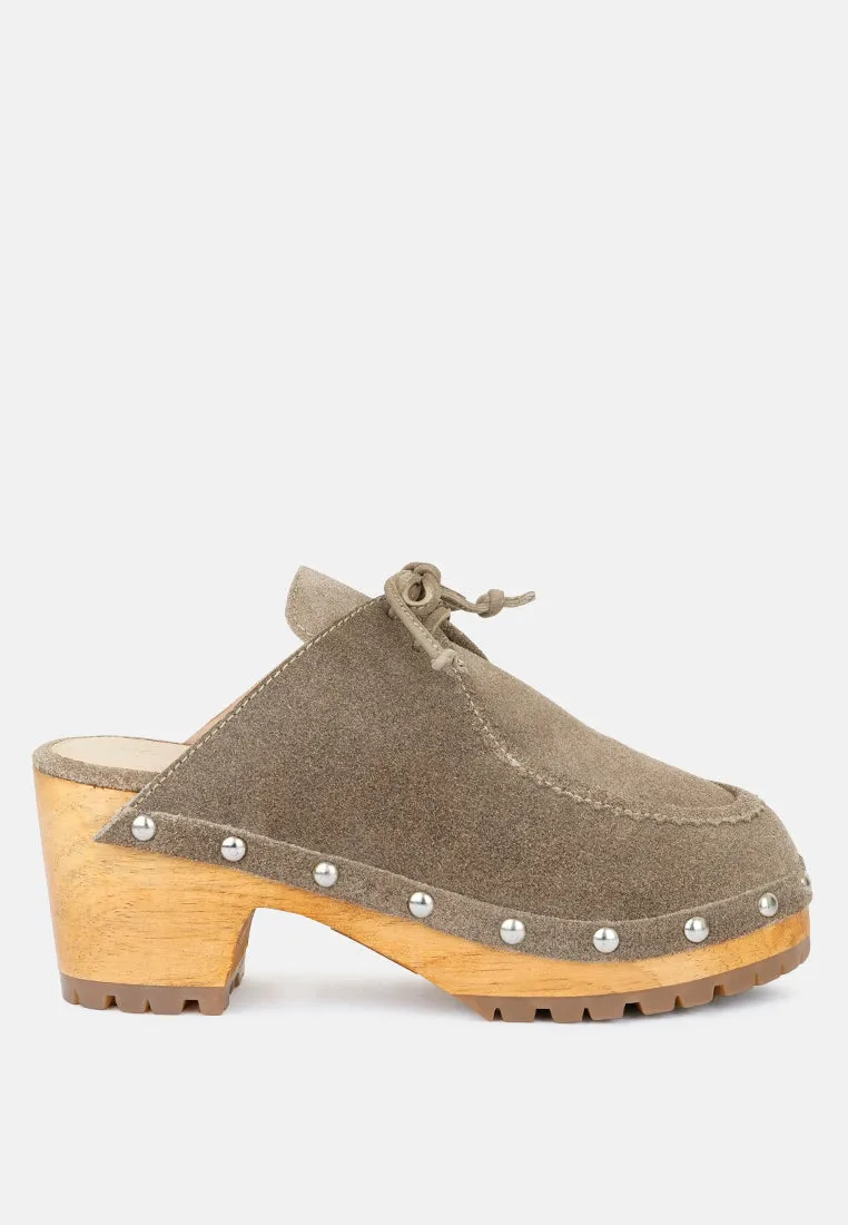 Iroko Suede Tie Detail Stud Clogs