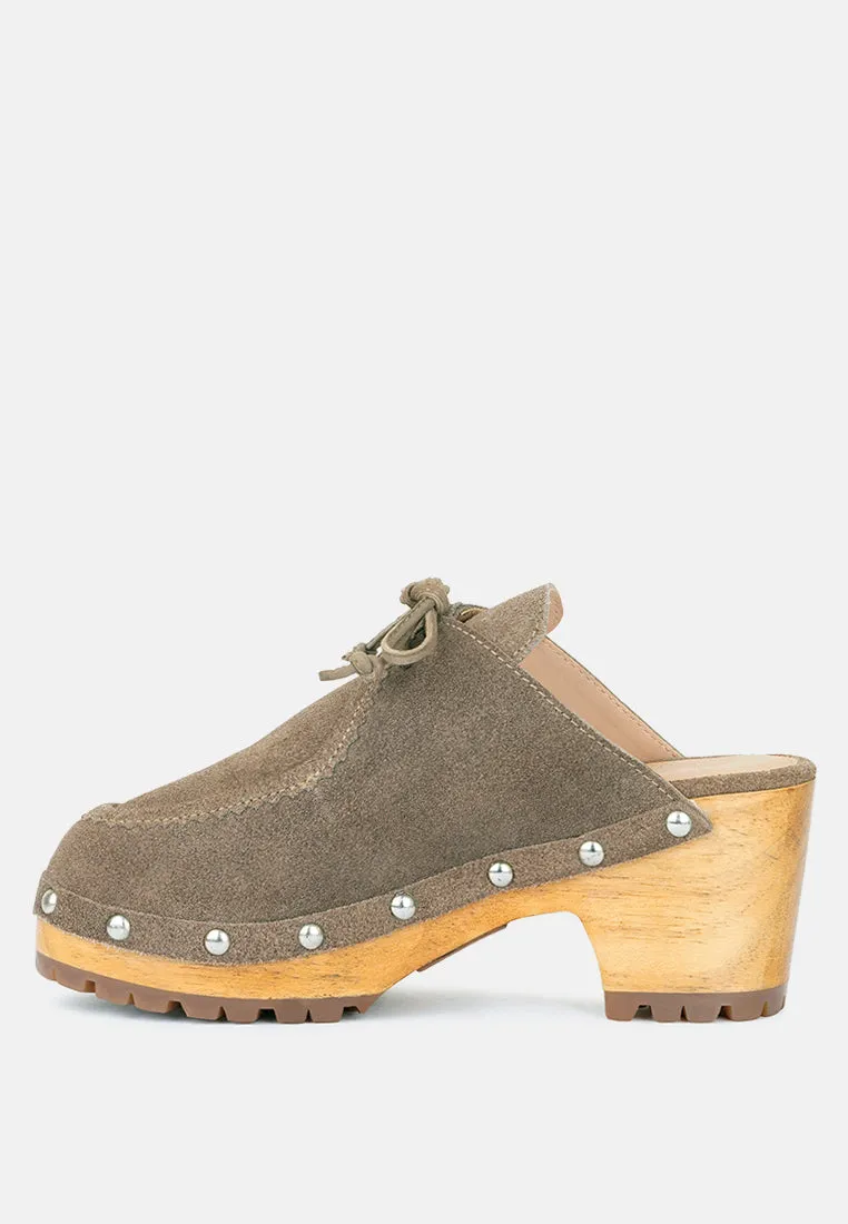 Iroko Suede Tie Detail Stud Clogs