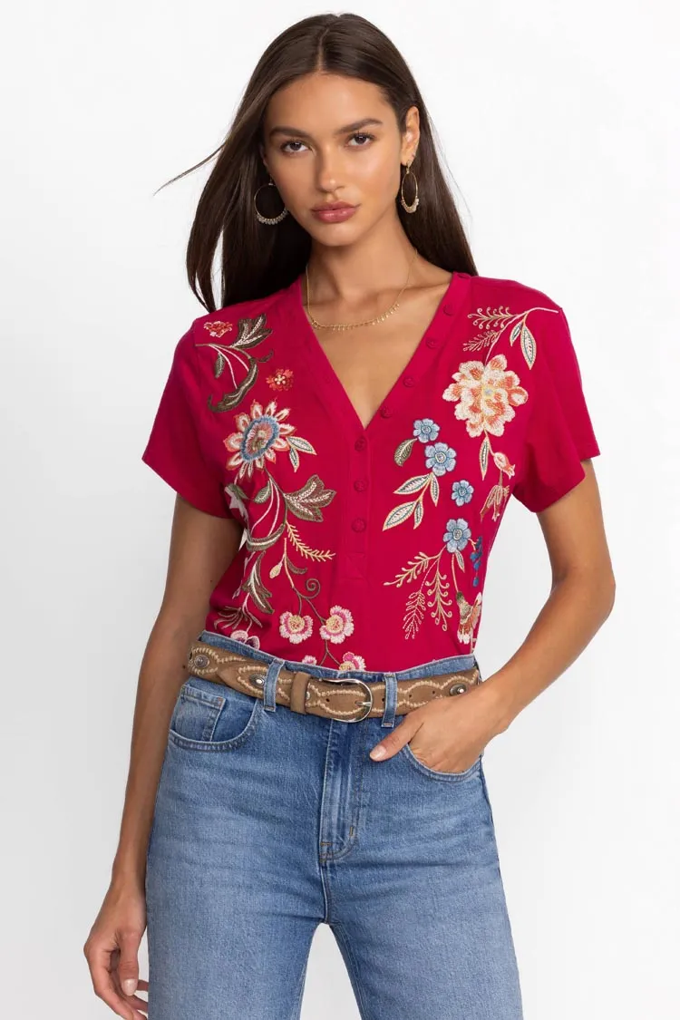 Julianna Button Neck Knit Tee in Cerise