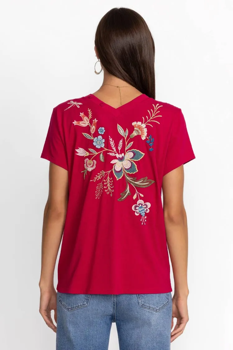 Julianna Button Neck Knit Tee in Cerise