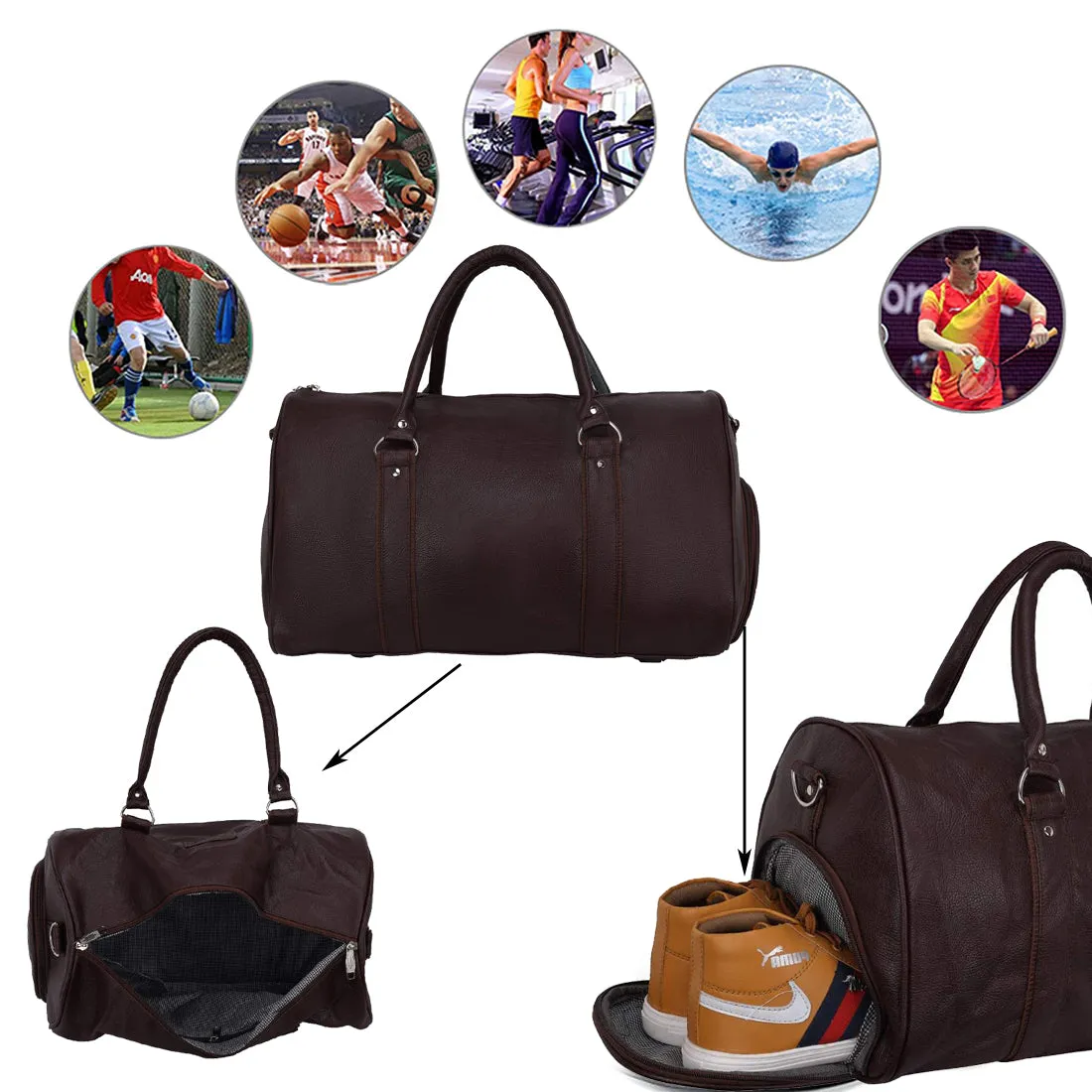 Leather World Brown Pu Leather Sports Gym Duffle Bag with Shoe Compartment