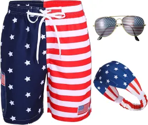 Men's USA American Independence Day Accessories Set American Flag Beach Shorts American Flag Sunglasses and Headband