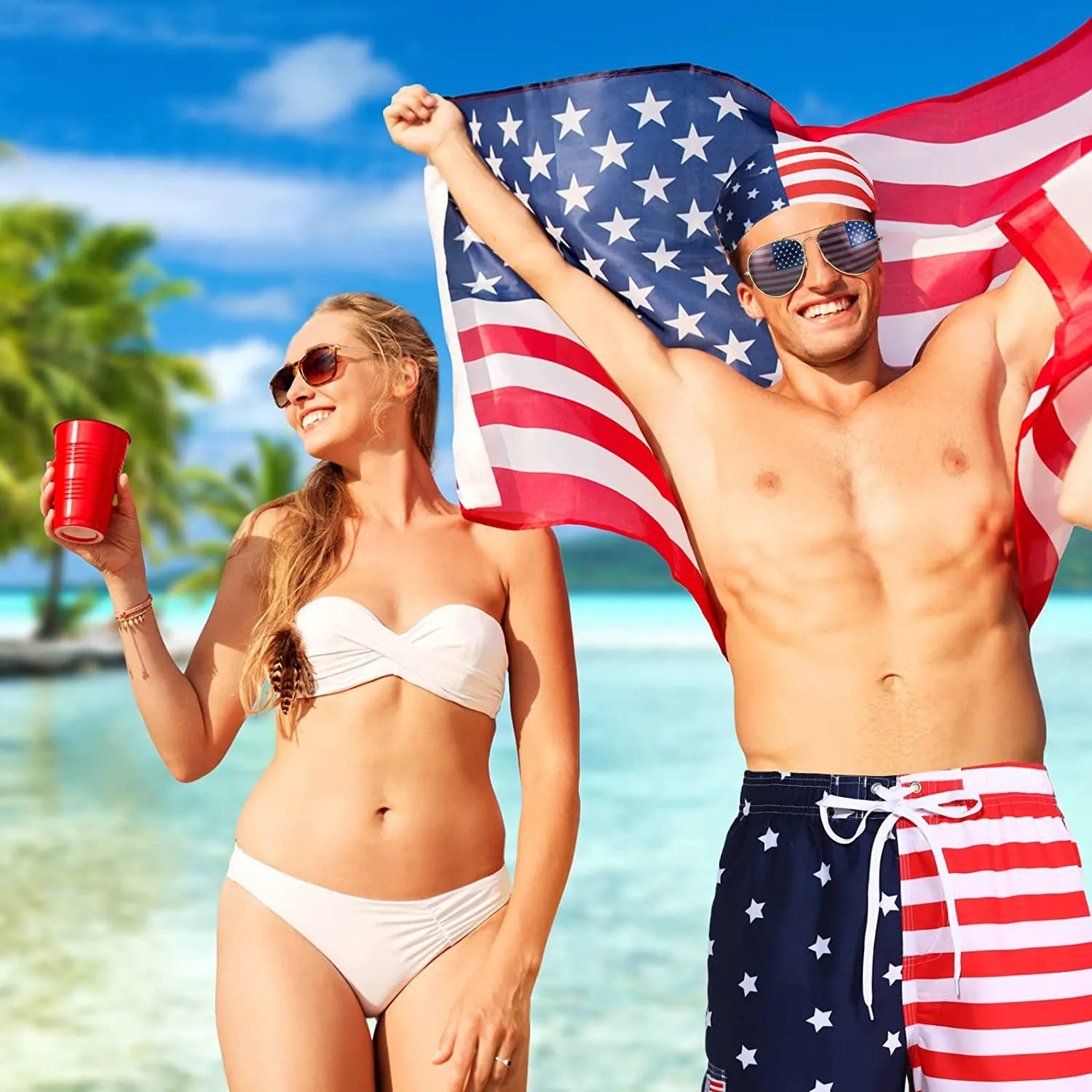 Men's USA American Independence Day Accessories Set American Flag Beach Shorts American Flag Sunglasses and Headband