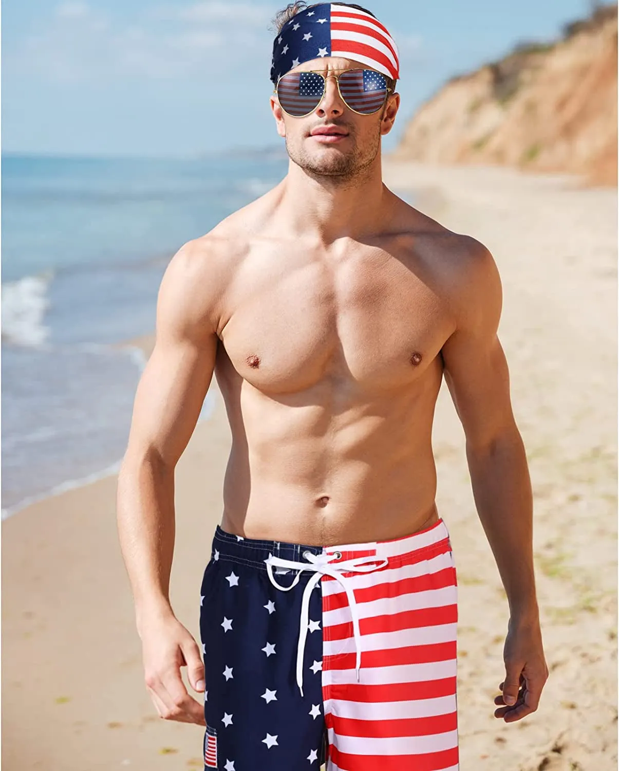 Men's USA American Independence Day Accessories Set American Flag Beach Shorts American Flag Sunglasses and Headband