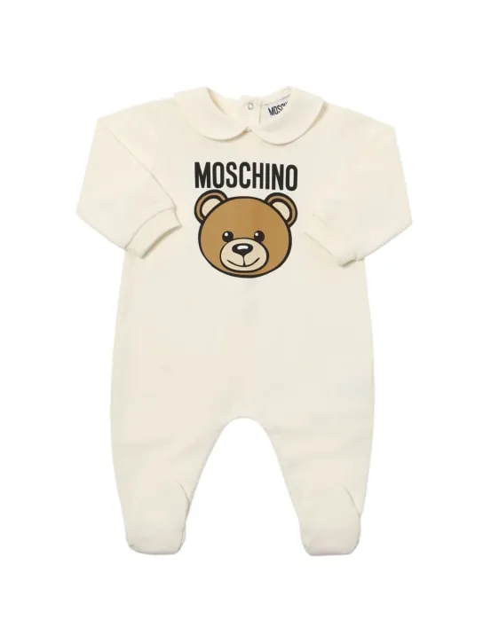 Moschino   Printed cotton romper, bib &amp; hat 