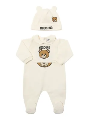 Moschino   Printed cotton romper, bib &amp; hat 