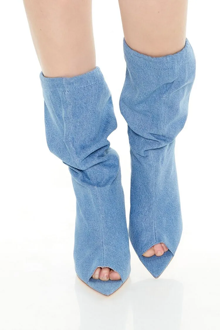 Open-Toe Denim Stiletto Booties