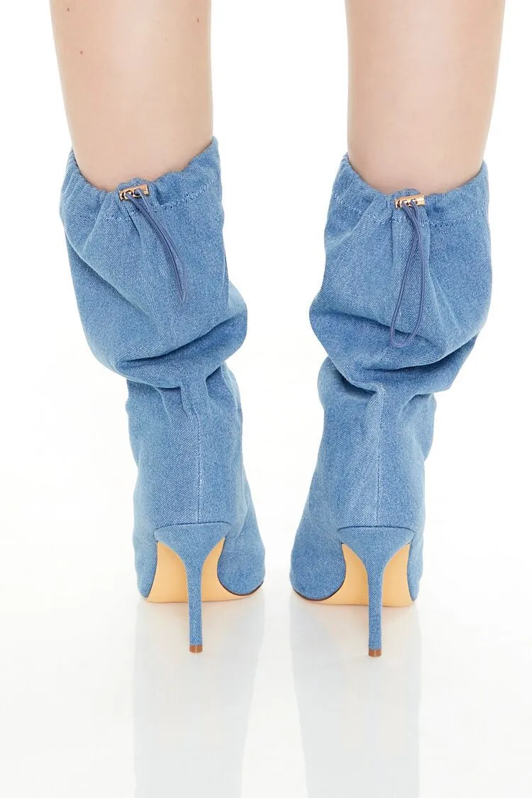 Open-Toe Denim Stiletto Booties