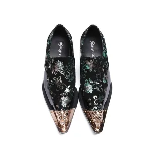 Ornate Black Dress Shoes with Pointed Toe Caps for Trendy Men