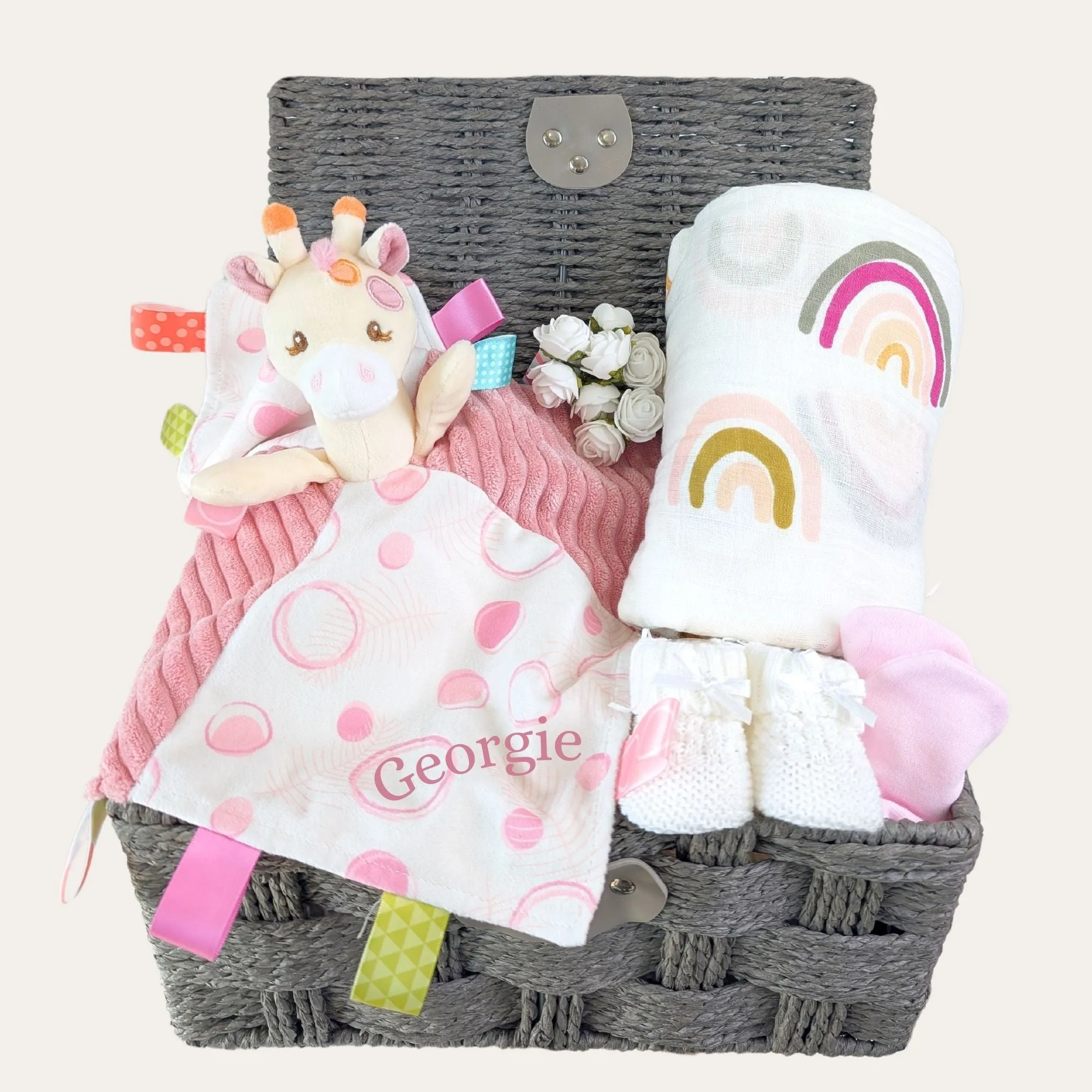 Personalised Baby Girl Gifts Hamper Tilly Giraffe & Rainbow Swaddle