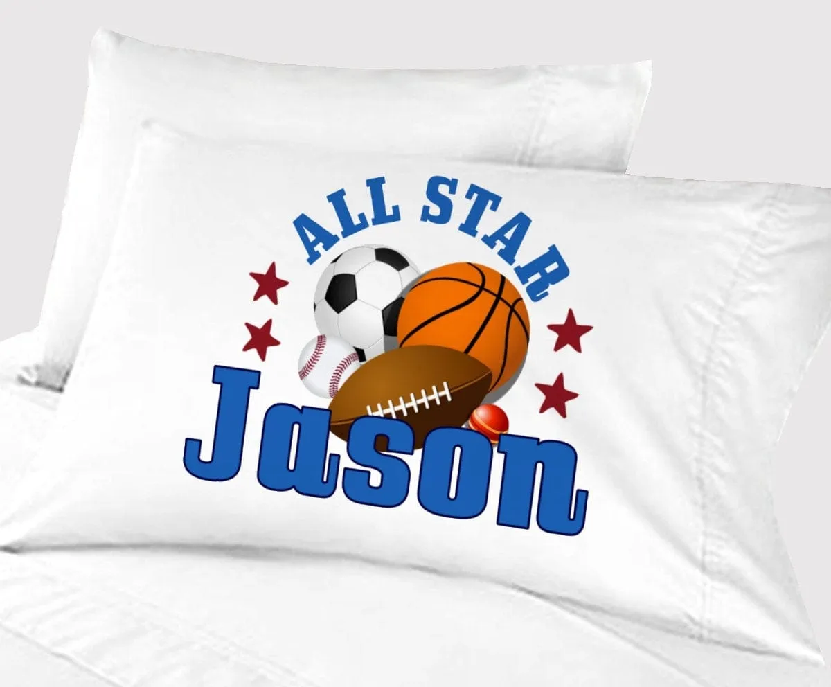 Personalized Sports Pillowcase All Star Balls Crib Bedding for Boys Sports Baseball Basketball Soccer Travel Pillow Case Toddler 13 x 18