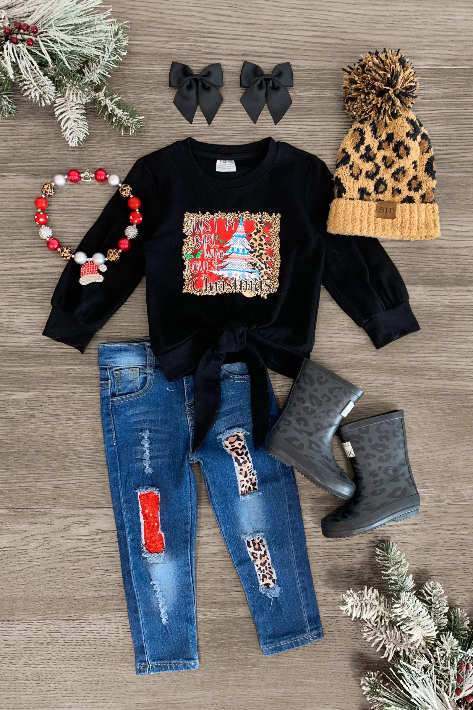 "Just A Girl Who Loves Christmas" Denim Set & Baby Romper