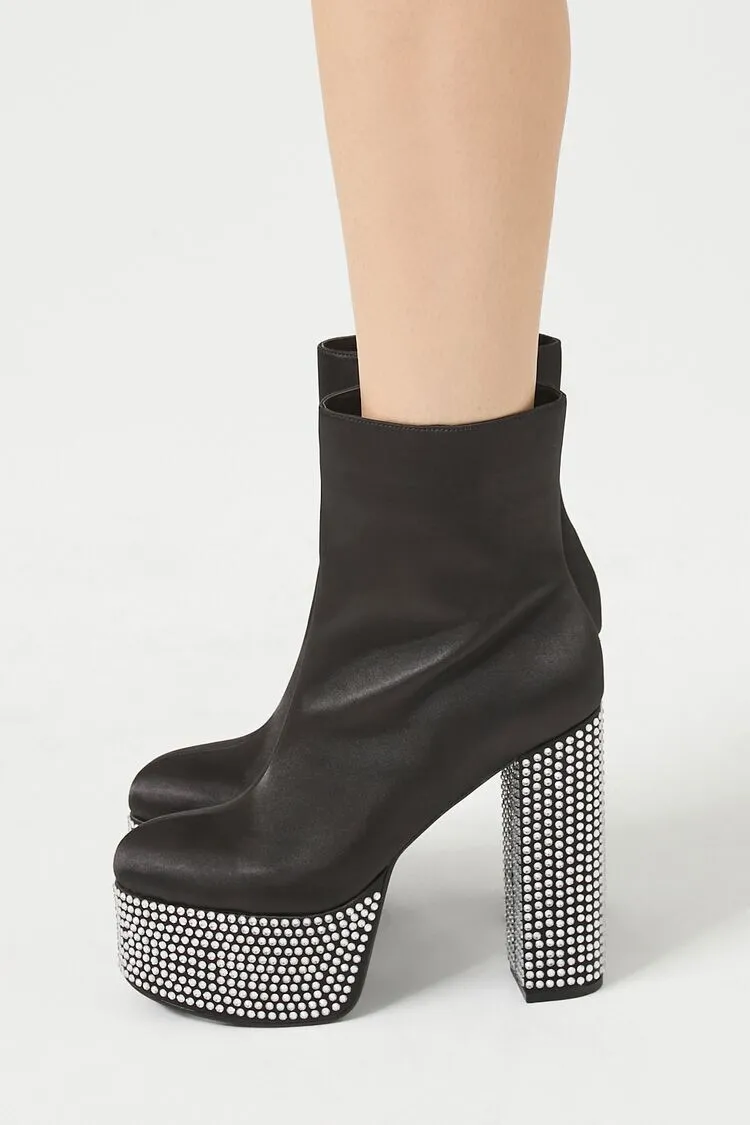 Rhinestone Satin Block Heel Booties