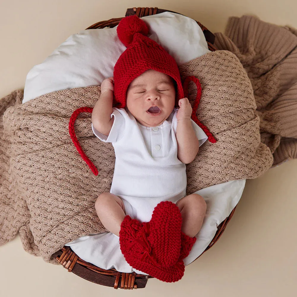 Snuggle Hunny Merino Wool Bonnet & Booties Set - Red