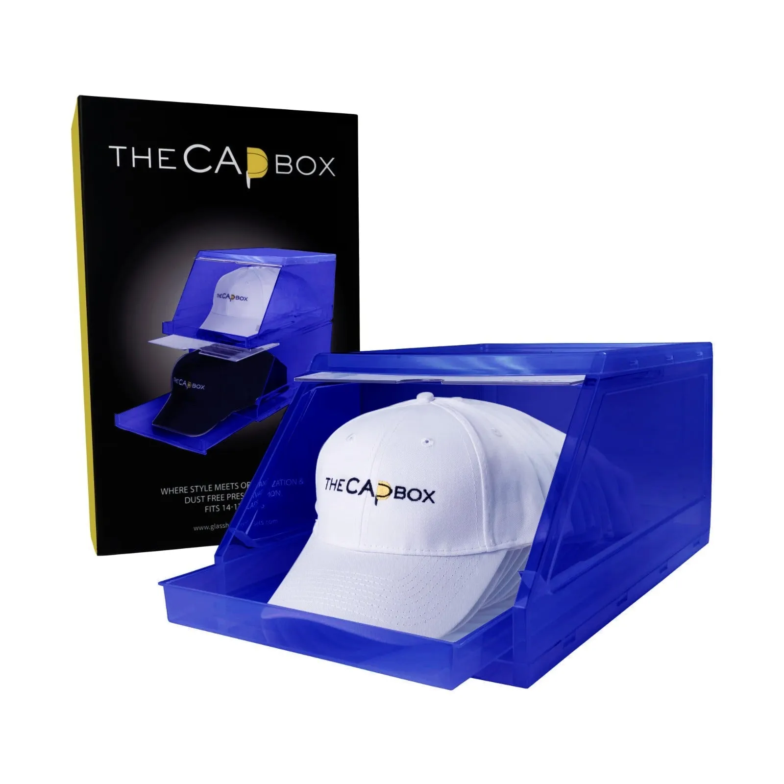 The CapBox 2.0 (2 Pack Blue) Hat Organizer for Baseball Caps, Stackable Hat Rack Cap Storage Container