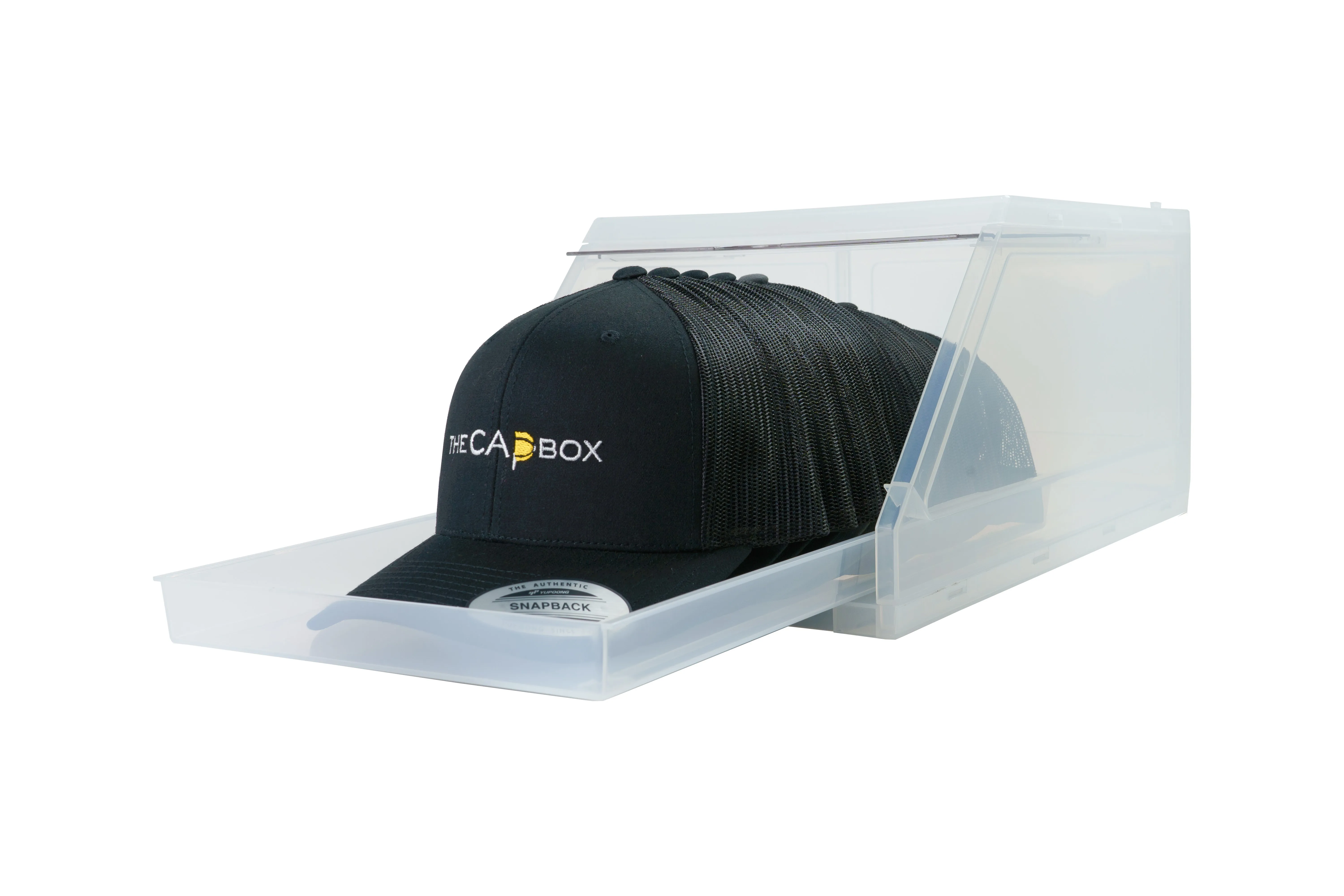 The CapBox 2.0 (2 Pack Clear) Hat Organizer for Baseball Caps, Stackable Hat Rack Cap Storage Container