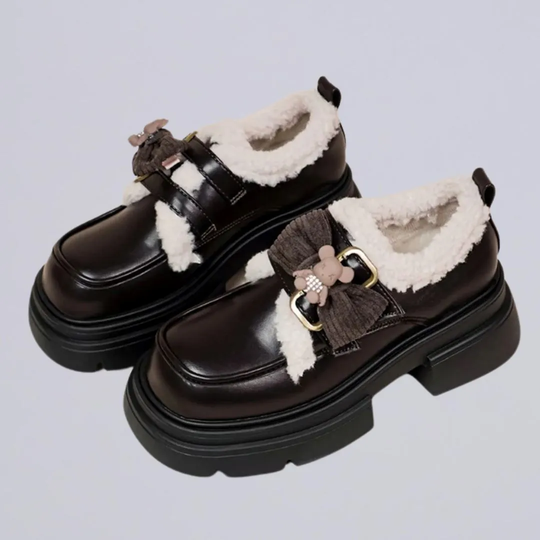 Ultra Soft Bears and Bows Chunky Plush Lined Loafers - Women's