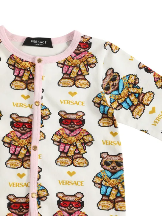 Versace   Pixel teddy print cotton romper &amp; bib 