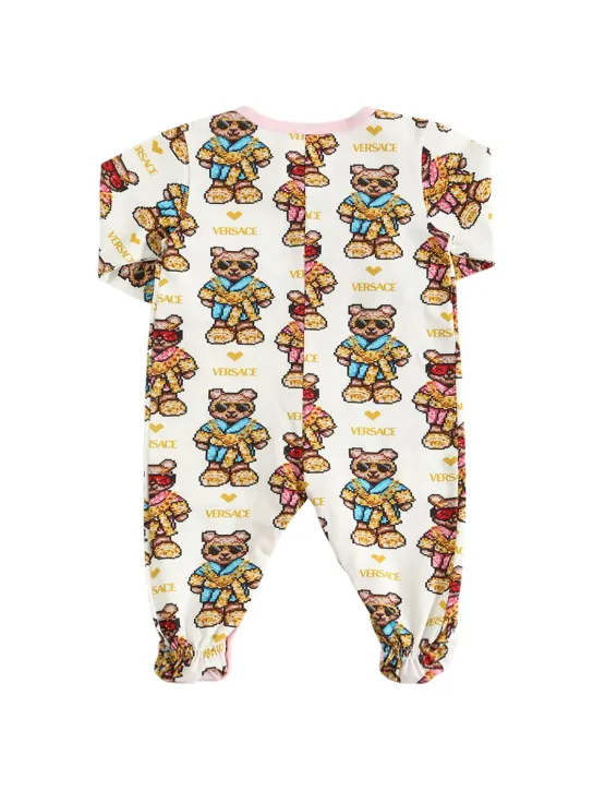 Versace   Pixel teddy print cotton romper &amp; bib 