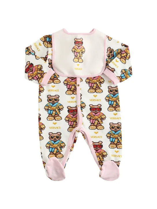 Versace   Pixel teddy print cotton romper &amp; bib 