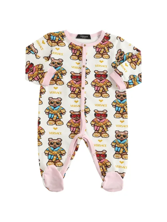 Versace   Pixel teddy print cotton romper &amp; bib 