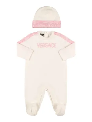 Versace   Printed cotton jersey romper &amp; hat 