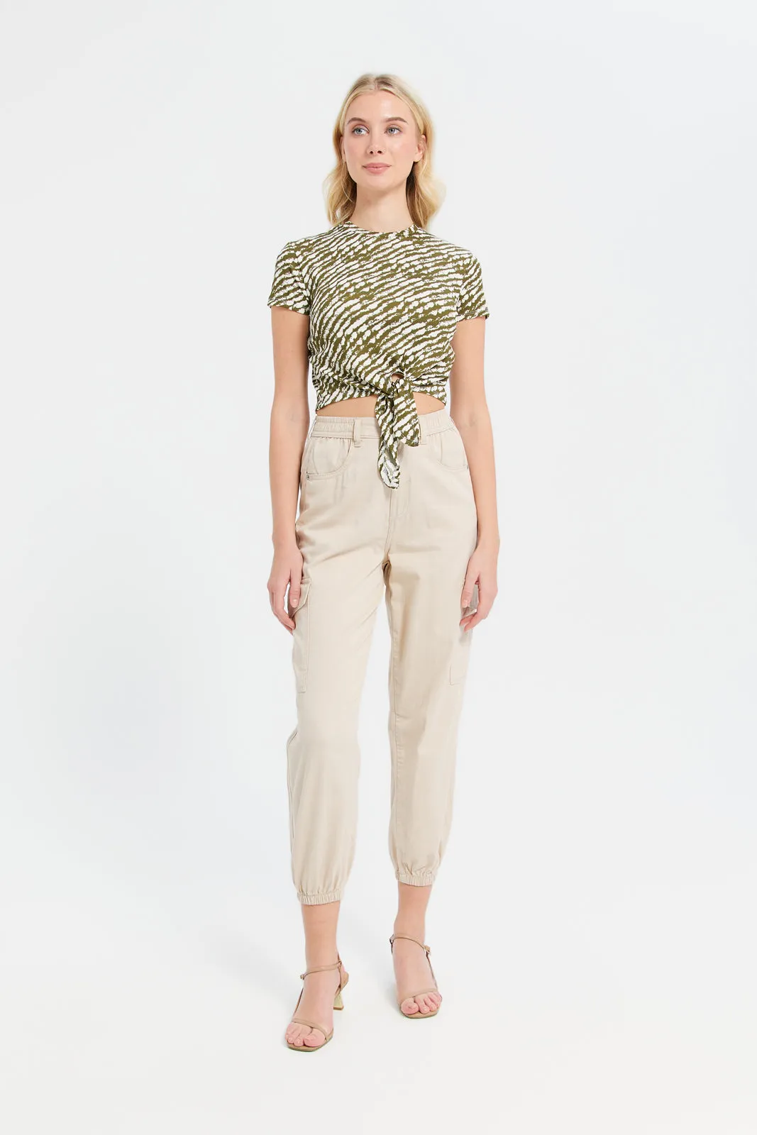 Woman Olive And Beige Printed Rib Top