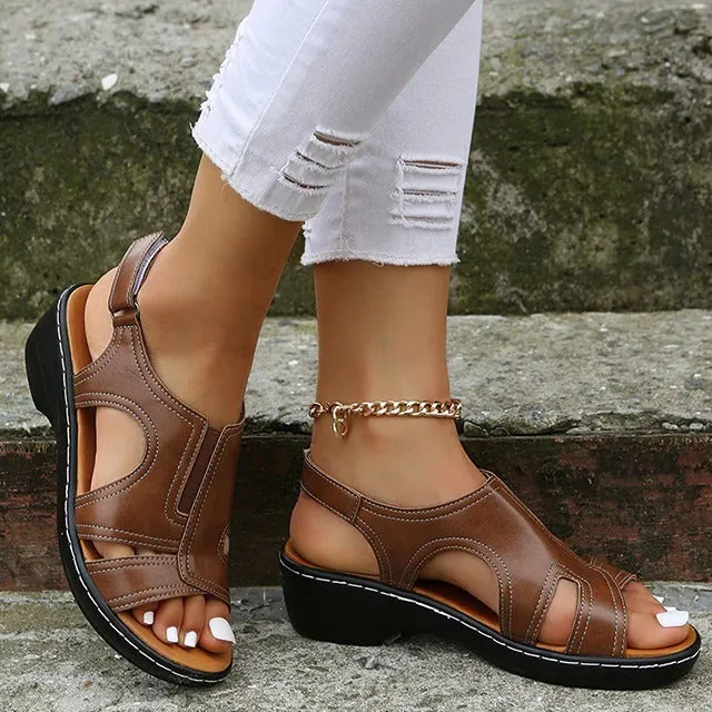 Women's Open Toe Leather Orthopedic Non-Slip Comfy Wedge Sandals