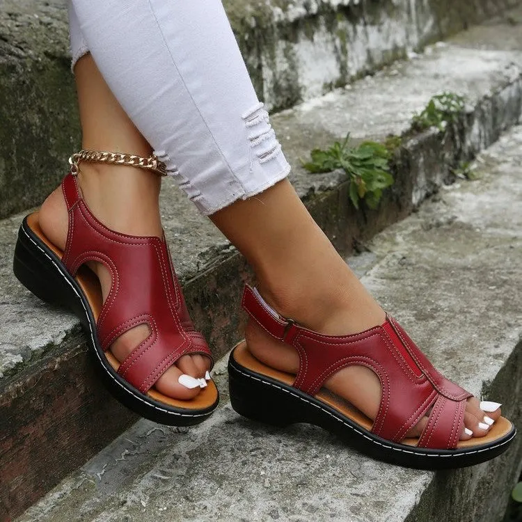 Women's Open Toe Leather Orthopedic Non-Slip Comfy Wedge Sandals