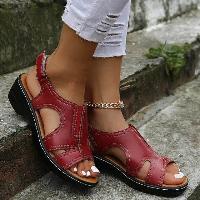 Women's Open Toe Leather Orthopedic Non-Slip Comfy Wedge Sandals