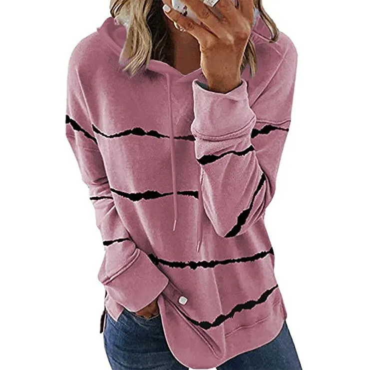 Women's Striped Printed Long Sleeve Drawstring Pullover Hoodie