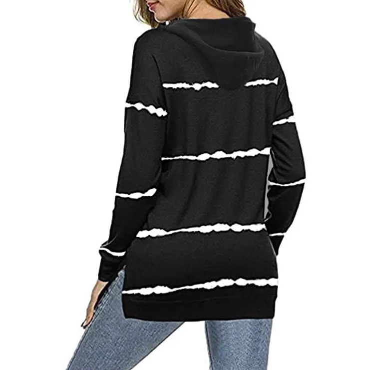 Women's Striped Printed Long Sleeve Drawstring Pullover Hoodie