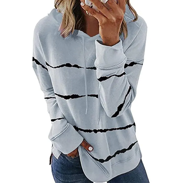 Women's Striped Printed Long Sleeve Drawstring Pullover Hoodie