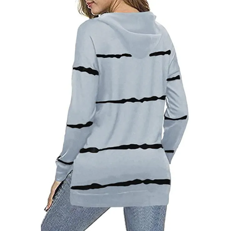 Women's Striped Printed Long Sleeve Drawstring Pullover Hoodie