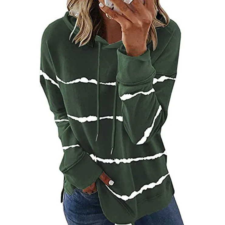 Women's Striped Printed Long Sleeve Drawstring Pullover Hoodie