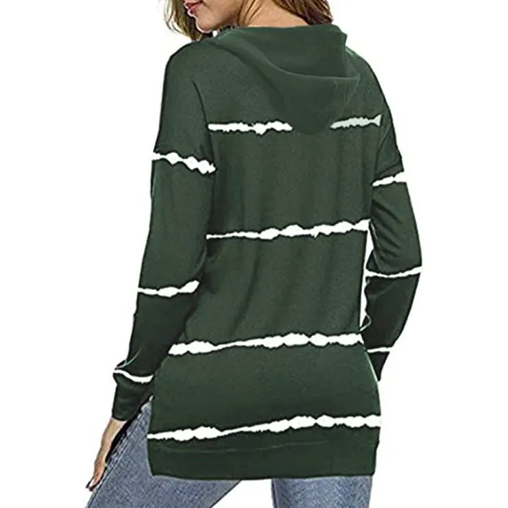 Women's Striped Printed Long Sleeve Drawstring Pullover Hoodie