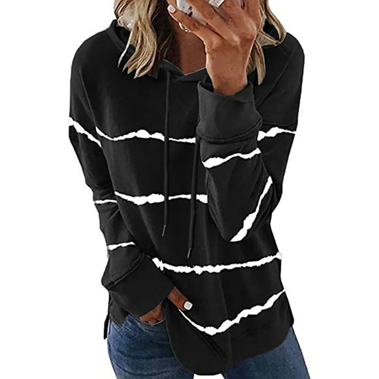 Women's Striped Printed Long Sleeve Drawstring Pullover Hoodie